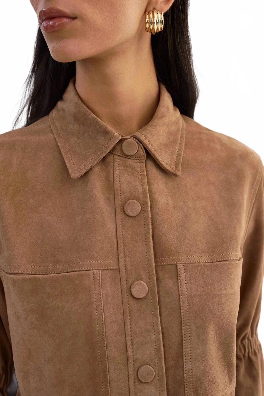 NEW LAMARQUE women's suede ruffle sleeve jacket in latte